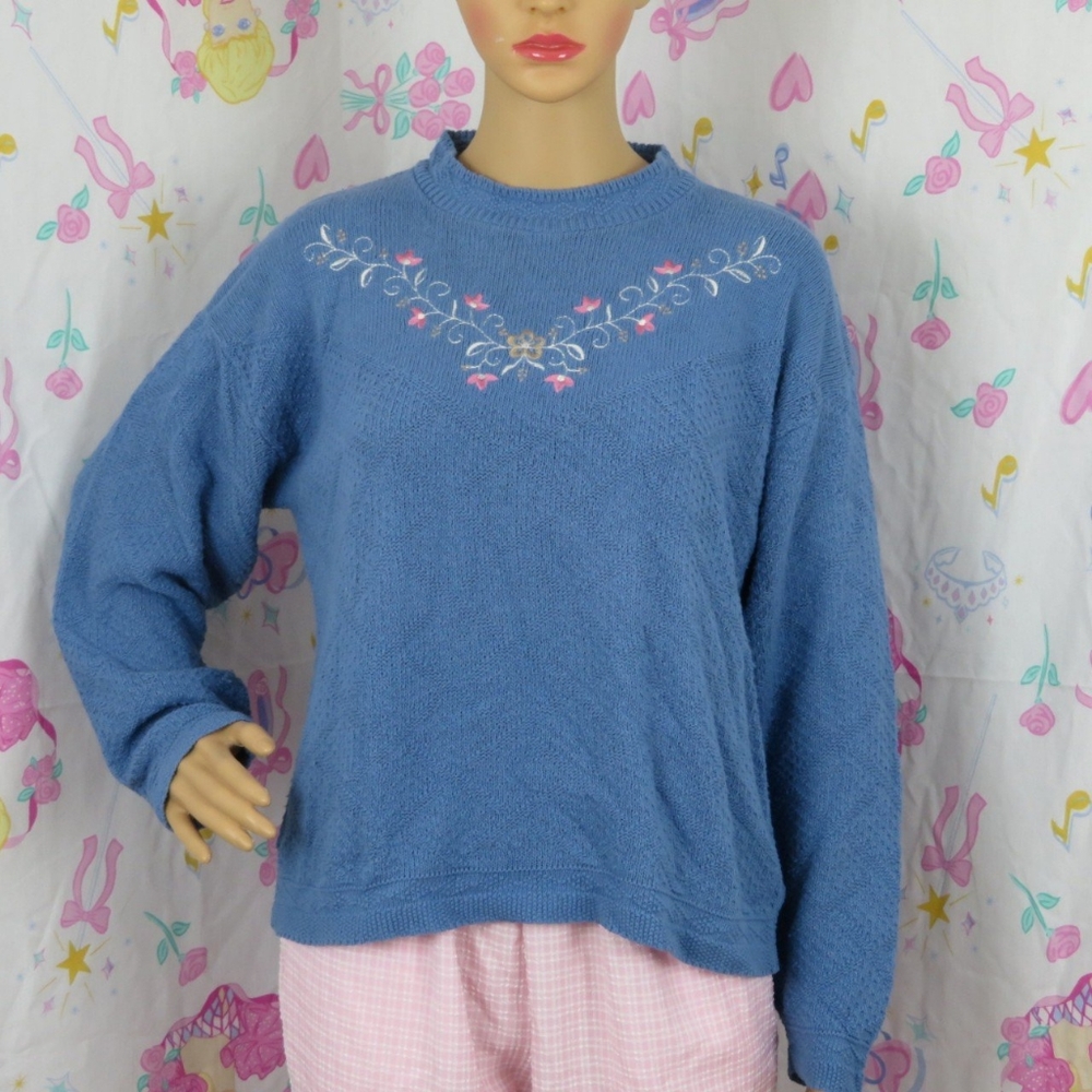 Vintage Floral Sweater Grandma Cute Knit Blue Flowers Embroidery Medium Vtg